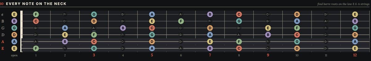 Close-up of the fretboard note map, open to 12th fret